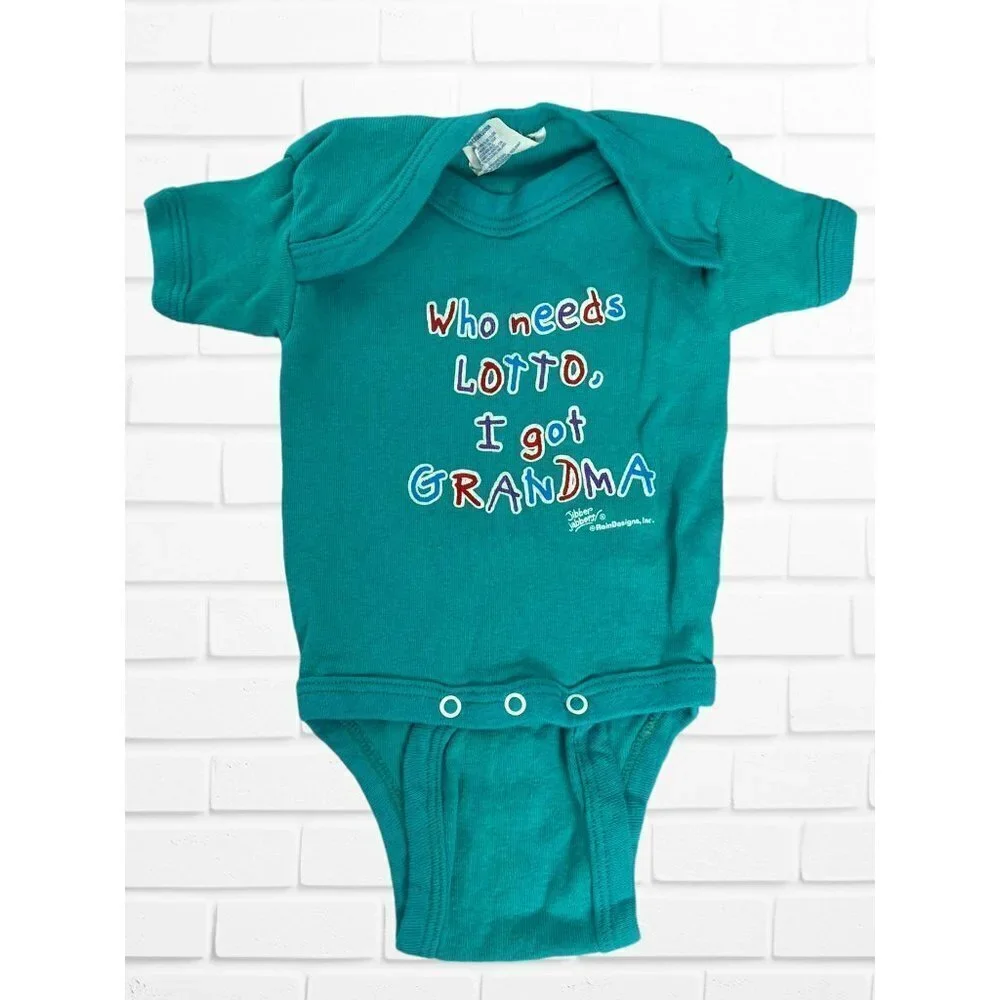 5/$25 Vtg Spencer's One Piece Baby 3-6M Who‎ Needs Lotto I Got Grandma Blue Teal